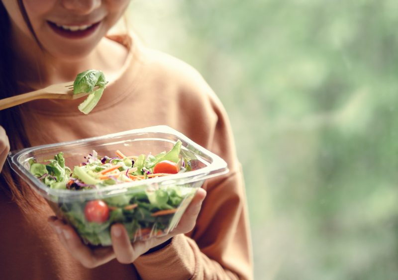 Closeup Woman Eating Healthy Food Salad Focus Salad Fork