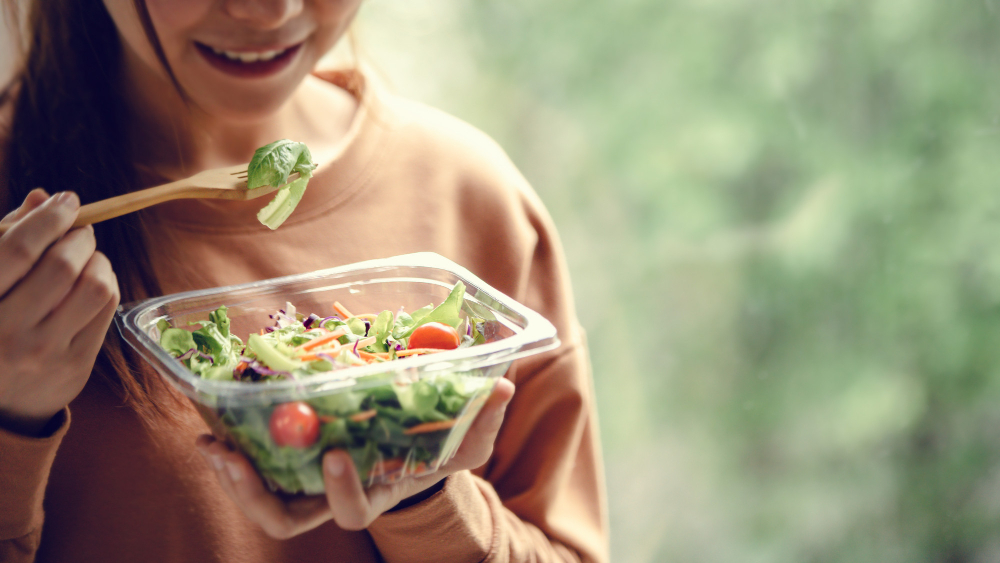 Closeup Woman Eating Healthy Food Salad Focus Salad Fork