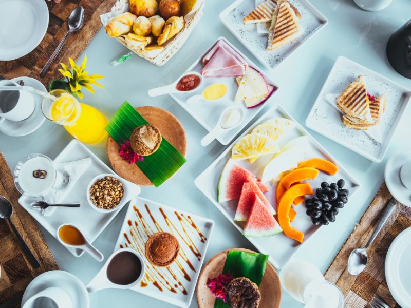 Beautiful Spread Food Breakfast Served Whited Dishes Tropical Resort