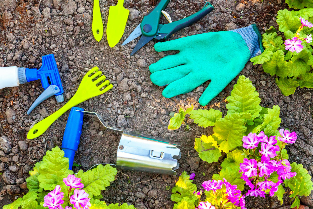 Gardening Tools Shovel Spade Pruner Rake Glove Primrose Flowers Soil Background Spring Summer