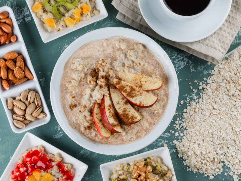 Oatmeal Plates With Fruits Jam Nuts Cinnamon Coffee Oat Flakes