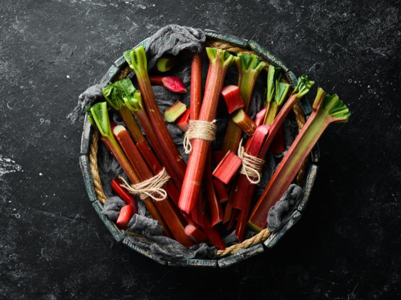 Fresh Rhubarb Wooden Box Organic Food Top View Free Copy Space