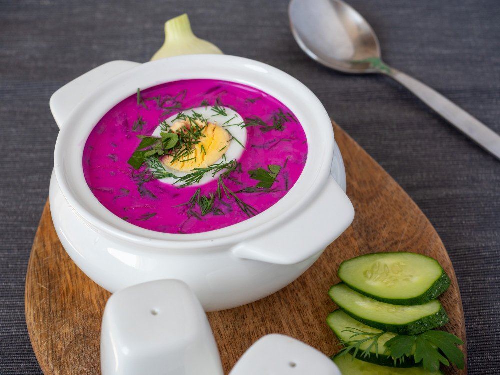 Close Up Cold Chlodnik Soup Wooden Board Soup Polish Belarusian Russian Cuisine Made Beetroot Kefir Decorated With Half Egg Healthy Food