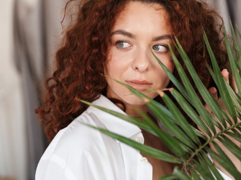 Image Redhead Pleased Young Lady Lingerie Indoors Home Hotel Posing Near Green Leaf Plant Dressed White Shirt