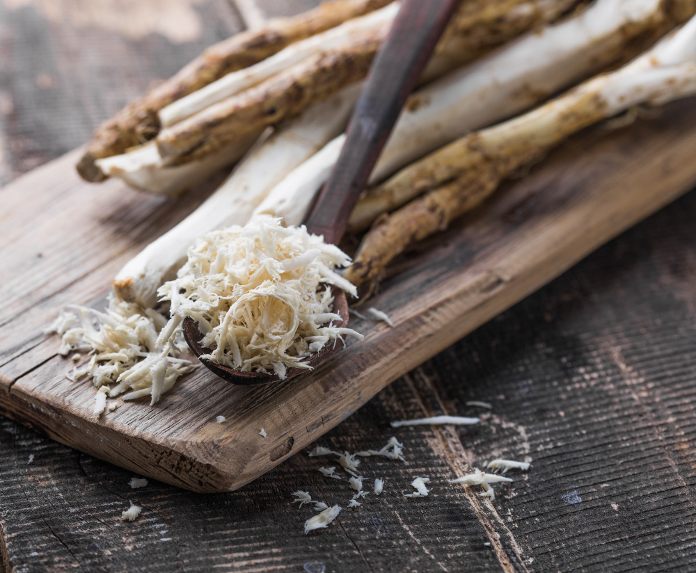Fresh Organic Horseradish Horse Radish Root Wooden Cutting Board